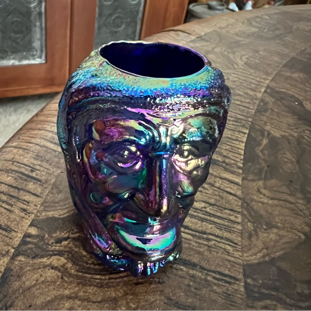 St Clair Glass Carnival Witch Head Toothpick. Stamped Joe St Clair